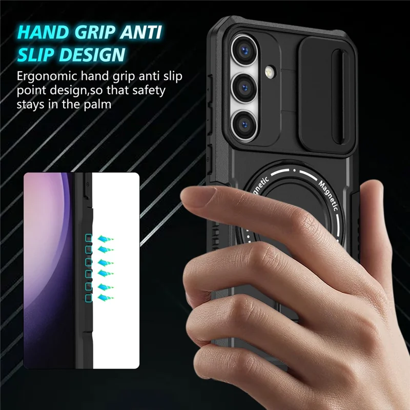 For Samsung Galaxy S24+ Case Slide Lens Window Kickstand Protective Cover Magnetic Case - Black