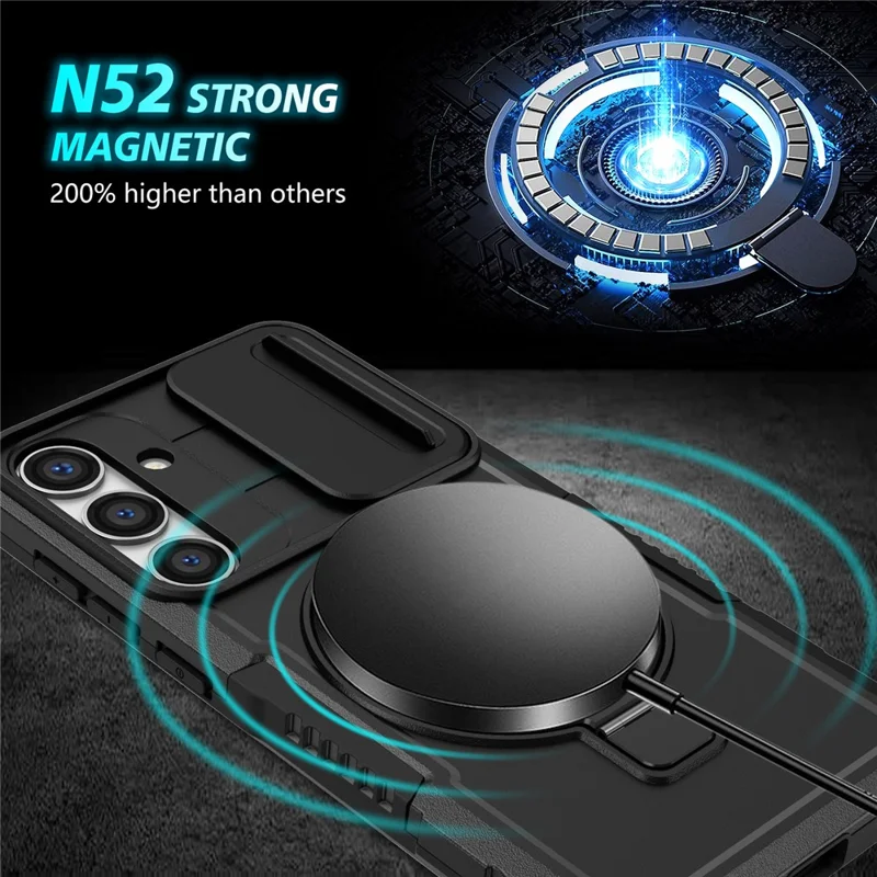 For Samsung Galaxy S24+ Case Slide Lens Window Kickstand Protective Cover Magnetic Case - Black