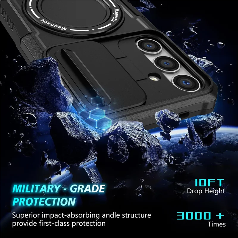 For Samsung Galaxy S24+ Case Slide Lens Window Kickstand Protective Cover Magnetic Case - Black