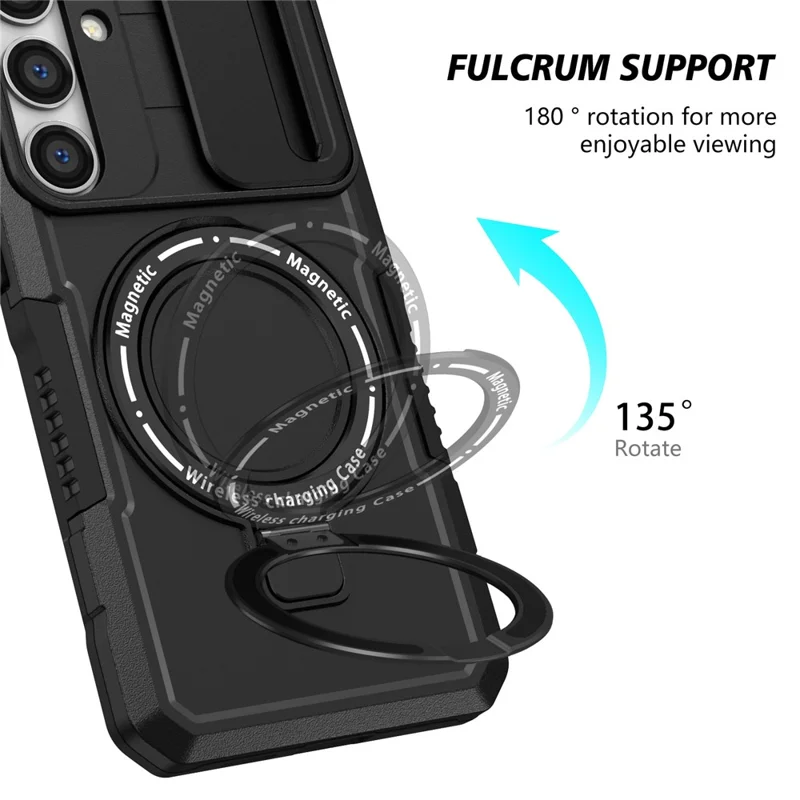 For Samsung Galaxy S24+ Case Slide Lens Window Kickstand Protective Cover Magnetic Case - Black