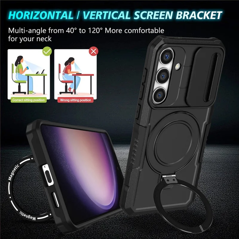 For Samsung Galaxy S24+ Case Slide Lens Window Kickstand Protective Cover Magnetic Case - Black