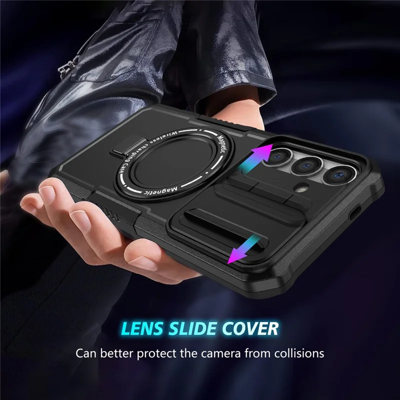For Samsung Galaxy S24+ Case Slide Lens Window Kickstand Protective Cover Magnetic Case - Black