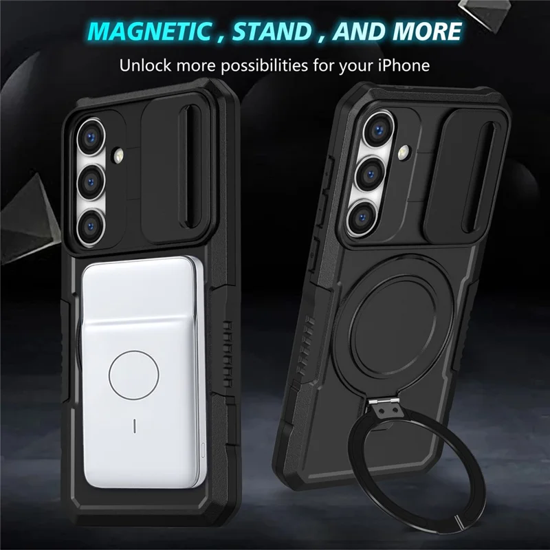 For Samsung Galaxy S24+ Case Slide Lens Window Kickstand Protective Cover Magnetic Case - Black