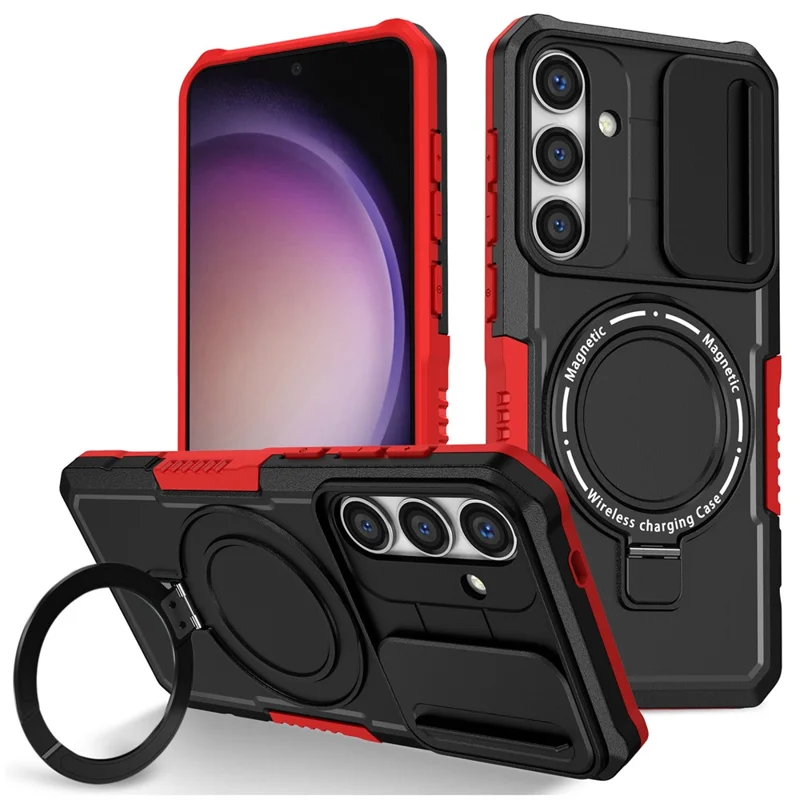 For Samsung Galaxy S24+ Case Slide Lens Window Kickstand Protective Cover Magnetic Case - Red  /  Black