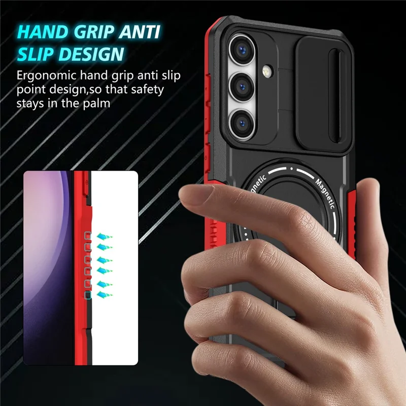 For Samsung Galaxy S24+ Case Slide Lens Window Kickstand Protective Cover Magnetic Case - Red  /  Black