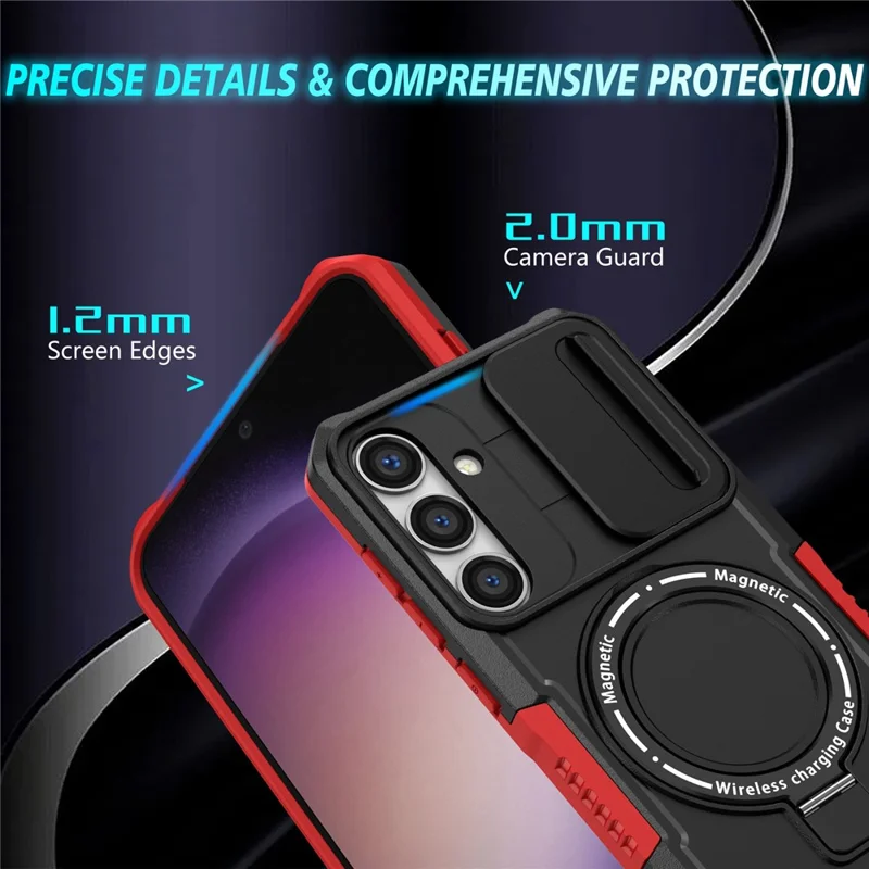 For Samsung Galaxy S24+ Case Slide Lens Window Kickstand Protective Cover Magnetic Case - Red  /  Black