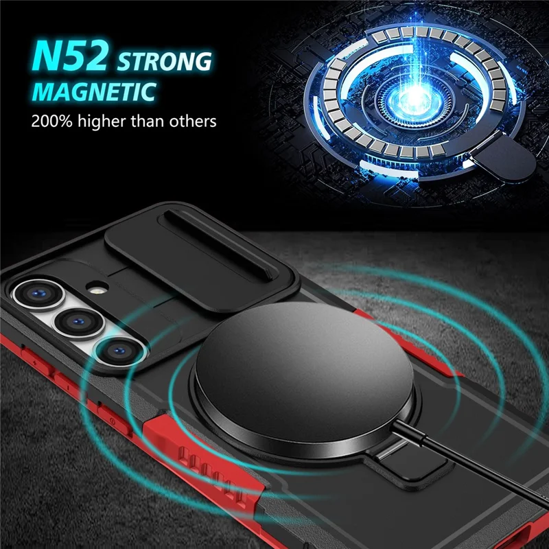 For Samsung Galaxy S24+ Case Slide Lens Window Kickstand Protective Cover Magnetic Case - Red  /  Black