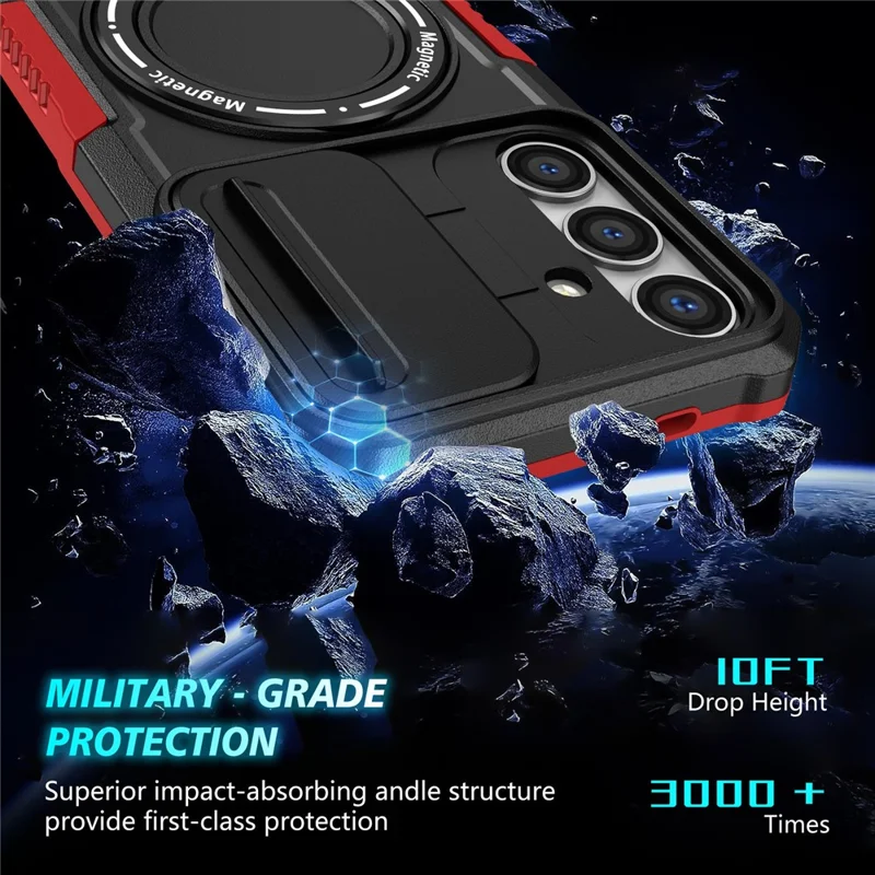 For Samsung Galaxy S24+ Case Slide Lens Window Kickstand Protective Cover Magnetic Case - Red  /  Black