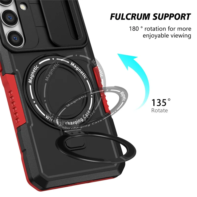 For Samsung Galaxy S24+ Case Slide Lens Window Kickstand Protective Cover Magnetic Case - Red  /  Black