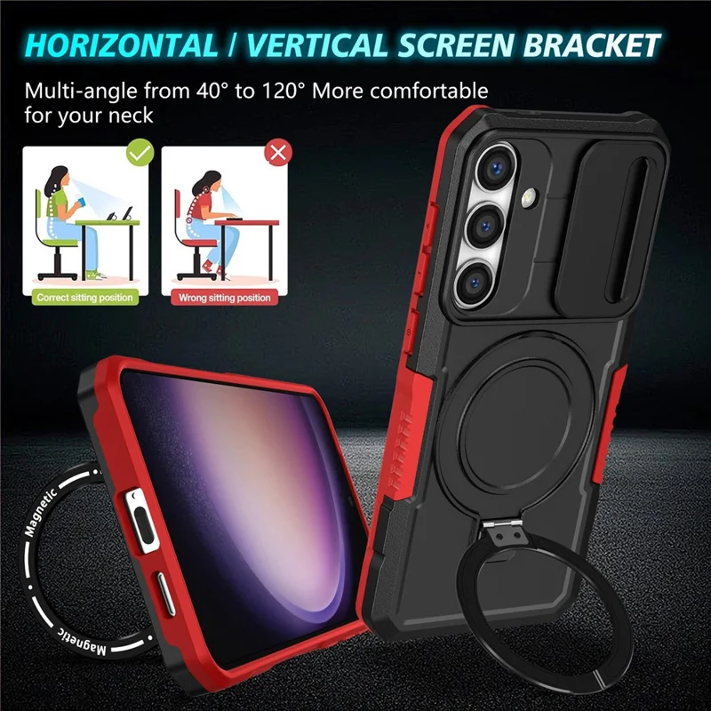 For Samsung Galaxy S24+ Case Slide Lens Window Kickstand Protective Cover Magnetic Case - Red  /  Black