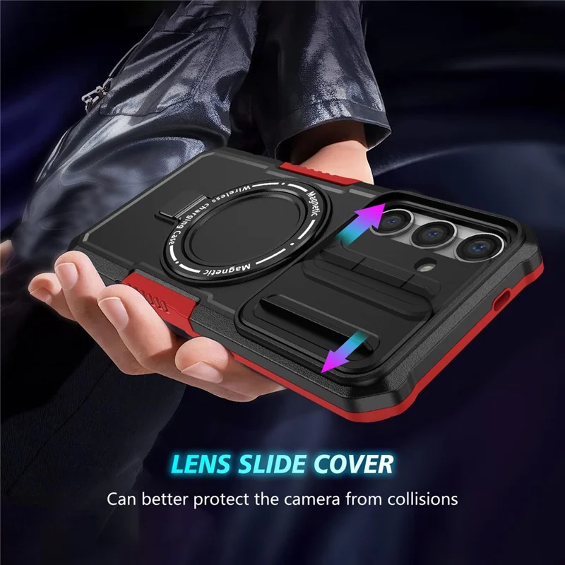 For Samsung Galaxy S24+ Case Slide Lens Window Kickstand Protective Cover Magnetic Case - Red  /  Black