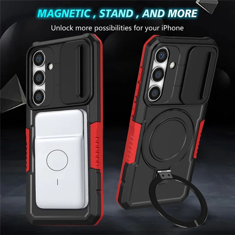For Samsung Galaxy S24+ Case Slide Lens Window Kickstand Protective Cover Magnetic Case - Red  /  Black