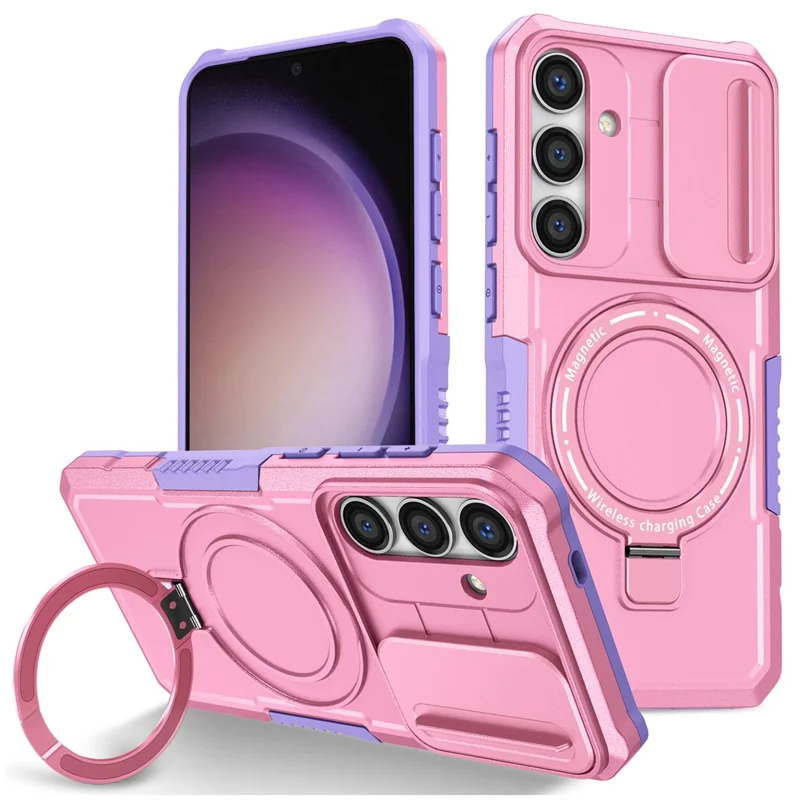 For Samsung Galaxy S24+ Case Slide Lens Window Kickstand Protective Cover Magnetic Case - Purple  /  Pink