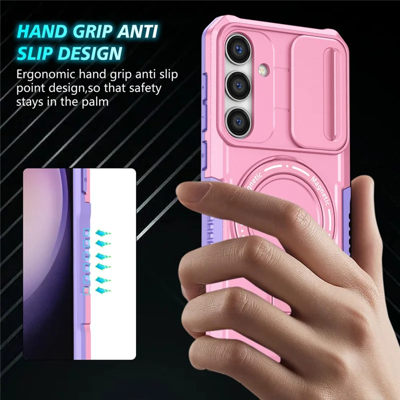 For Samsung Galaxy S24+ Case Slide Lens Window Kickstand Protective Cover Magnetic Case - Purple  /  Pink
