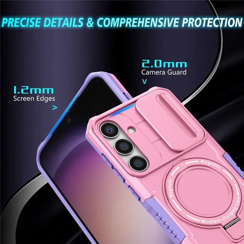 For Samsung Galaxy S24+ Case Slide Lens Window Kickstand Protective Cover Magnetic Case - Purple  /  Pink