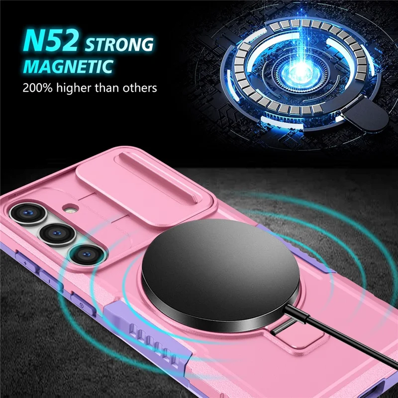 For Samsung Galaxy S24+ Case Slide Lens Window Kickstand Protective Cover Magnetic Case - Purple  /  Pink