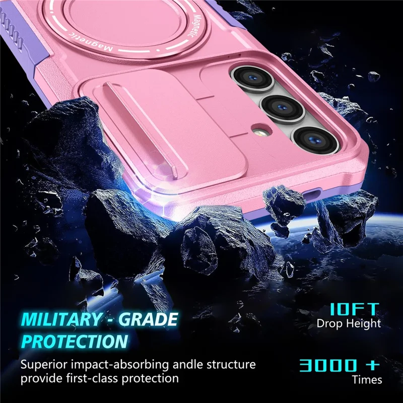 For Samsung Galaxy S24+ Case Slide Lens Window Kickstand Protective Cover Magnetic Case - Purple  /  Pink