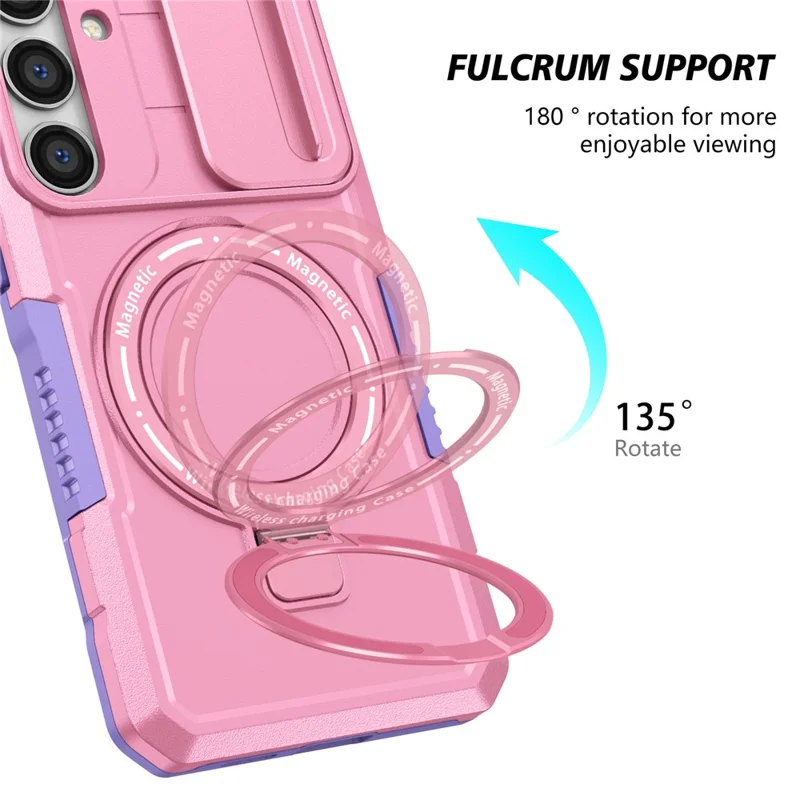 For Samsung Galaxy S24+ Case Slide Lens Window Kickstand Protective Cover Magnetic Case - Purple  /  Pink