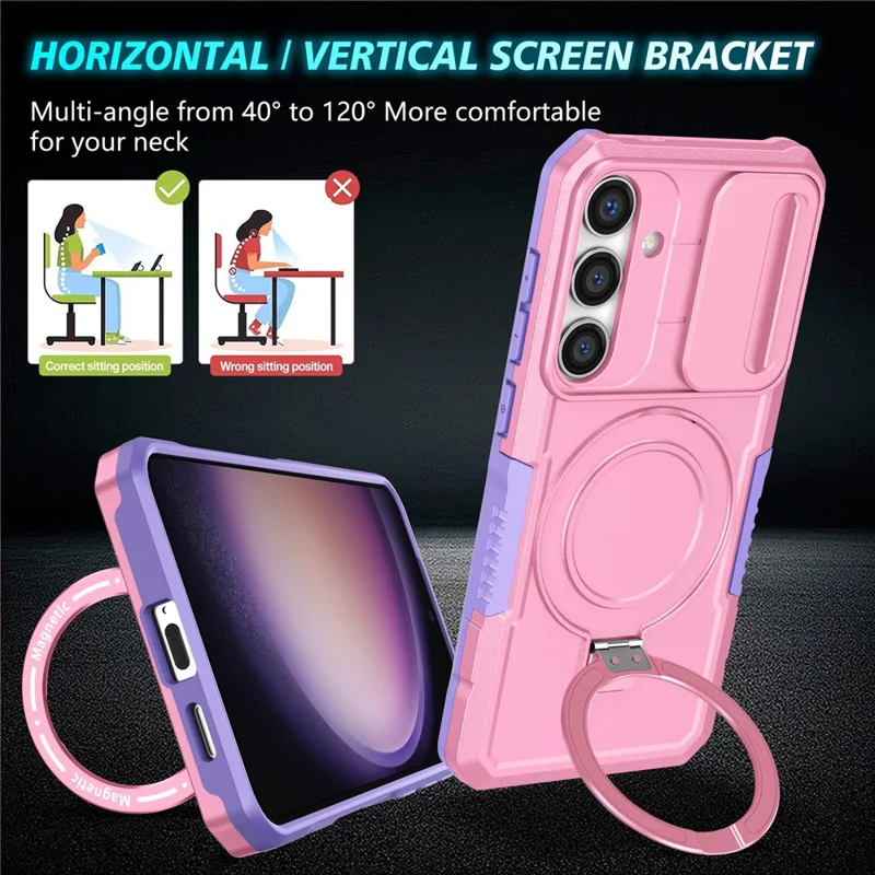 For Samsung Galaxy S24+ Case Slide Lens Window Kickstand Protective Cover Magnetic Case - Purple  /  Pink
