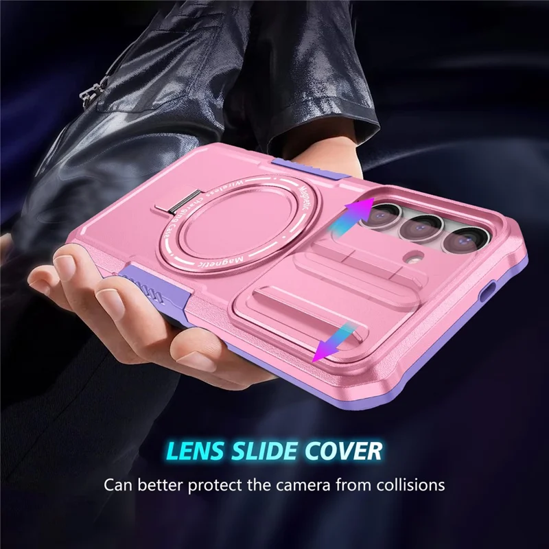 For Samsung Galaxy S24+ Case Slide Lens Window Kickstand Protective Cover Magnetic Case - Purple  /  Pink