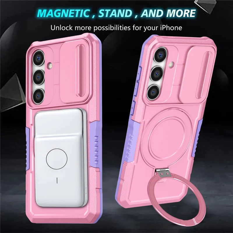 For Samsung Galaxy S24+ Case Slide Lens Window Kickstand Protective Cover Magnetic Case - Purple  /  Pink