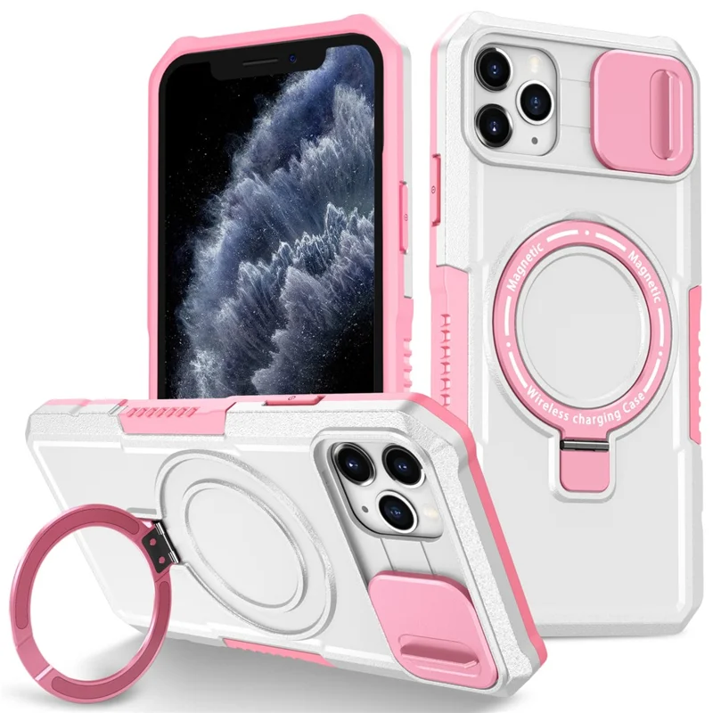 For iPhone 11 Pro Max Case Kickstand PC+TPU Magnetic Phone Cover with Lens Guard - Pink / White