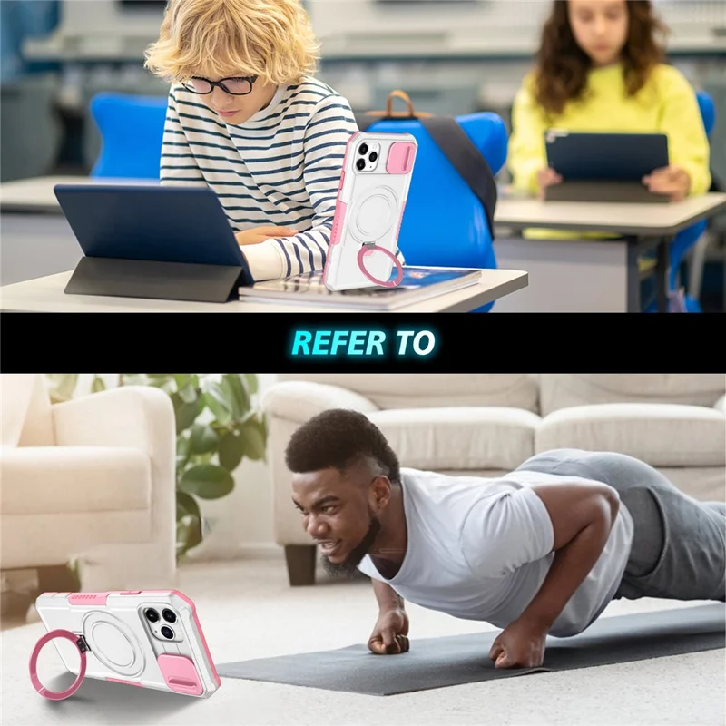 For iPhone 11 Pro Max Case Kickstand PC+TPU Magnetic Phone Cover with Lens Guard - Pink / White