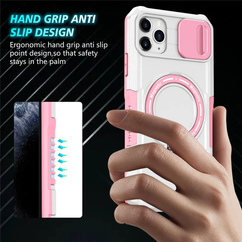 For iPhone 11 Pro Max Case Kickstand PC+TPU Magnetic Phone Cover with Lens Guard - Pink / White