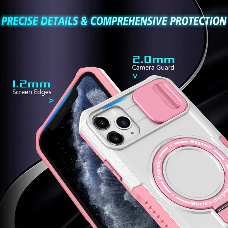 For iPhone 11 Pro Max Case Kickstand PC+TPU Magnetic Phone Cover with Lens Guard - Pink / White