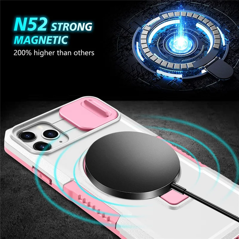 For iPhone 11 Pro Max Case Kickstand PC+TPU Magnetic Phone Cover with Lens Guard - Pink / White