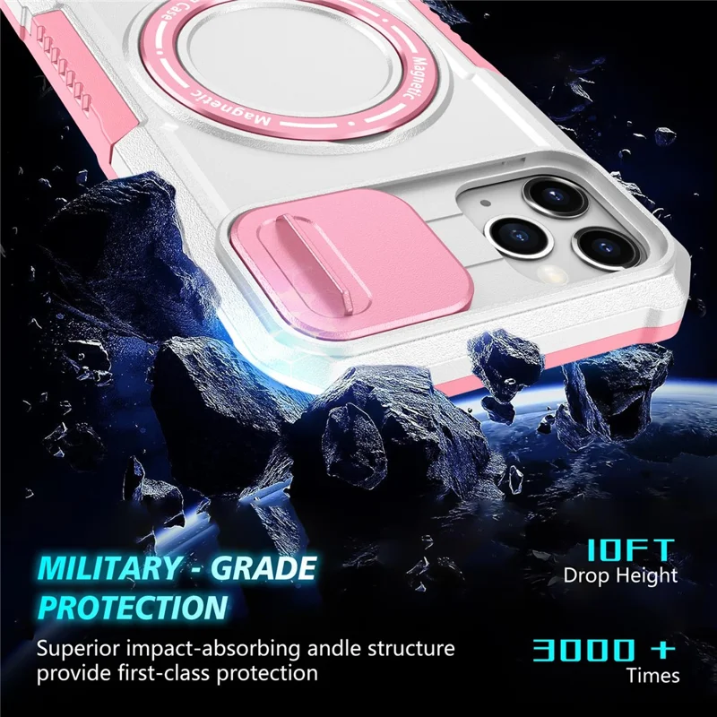 For iPhone 11 Pro Max Case Kickstand PC+TPU Magnetic Phone Cover with Lens Guard - Pink / White