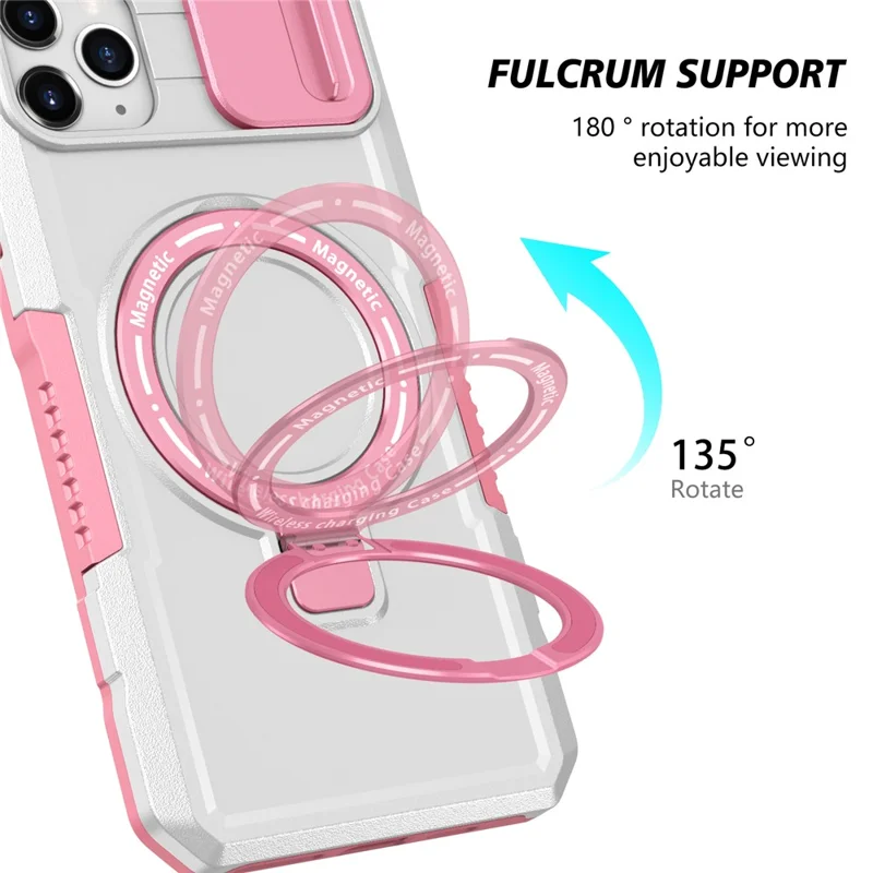 For iPhone 11 Pro Max Case Kickstand PC+TPU Magnetic Phone Cover with Lens Guard - Pink / White