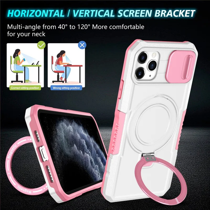 For iPhone 11 Pro Max Case Kickstand PC+TPU Magnetic Phone Cover with Lens Guard - Pink / White