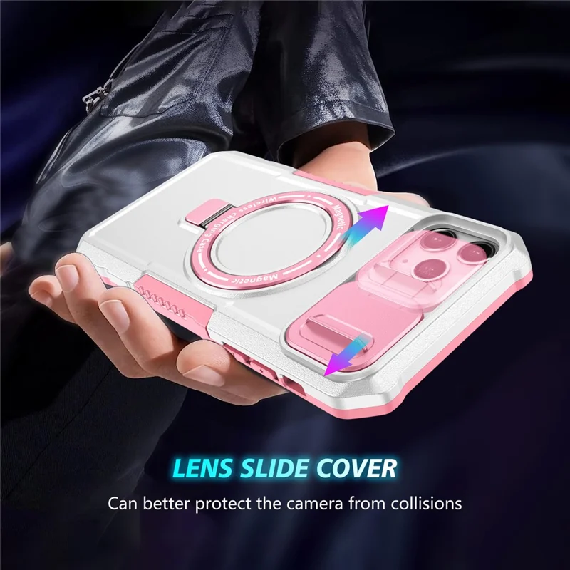 For iPhone 11 Pro Max Case Kickstand PC+TPU Magnetic Phone Cover with Lens Guard - Pink / White