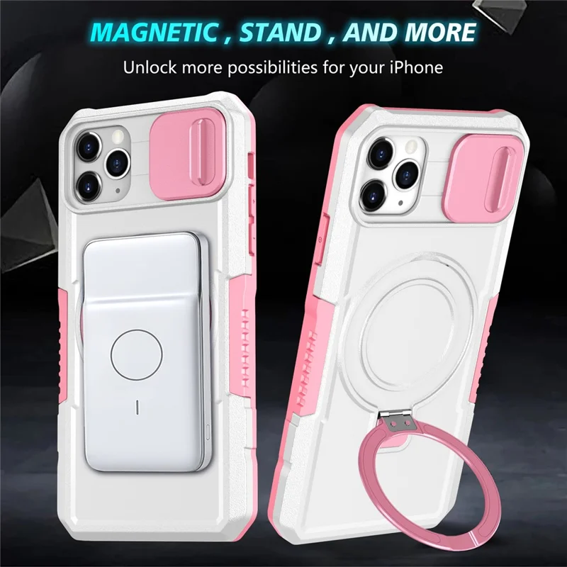 For iPhone 11 Pro Max Case Kickstand PC+TPU Magnetic Phone Cover with Lens Guard - Pink / White