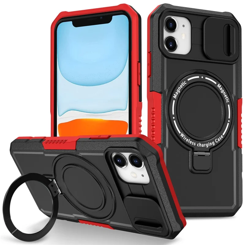 For iPhone 11 Case Usynlig Magnetisk Stand PC+TPU Telefonbeskyttelse med Indbygget Skydelinse - Rød/Sort