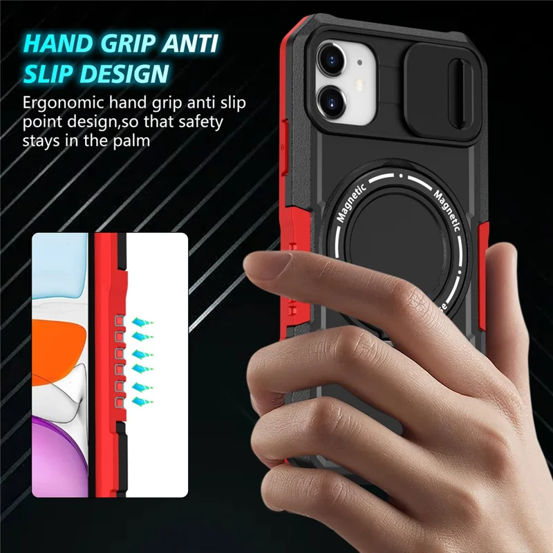 For iPhone 11 Case Usynlig Magnetisk Stand PC+TPU Telefonbeskyttelse med Indbygget Skydelinse - Rød/Sort