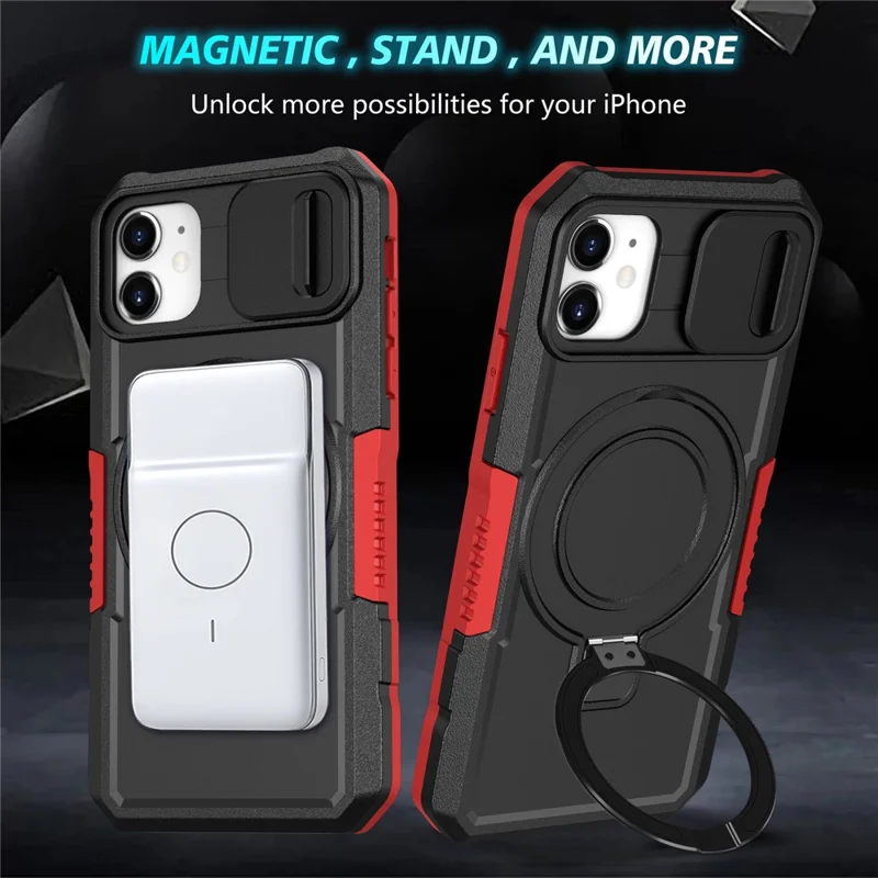 For iPhone 11 Case Usynlig Magnetisk Stand PC+TPU Telefonbeskyttelse med Indbygget Skydelinse - Rød/Sort