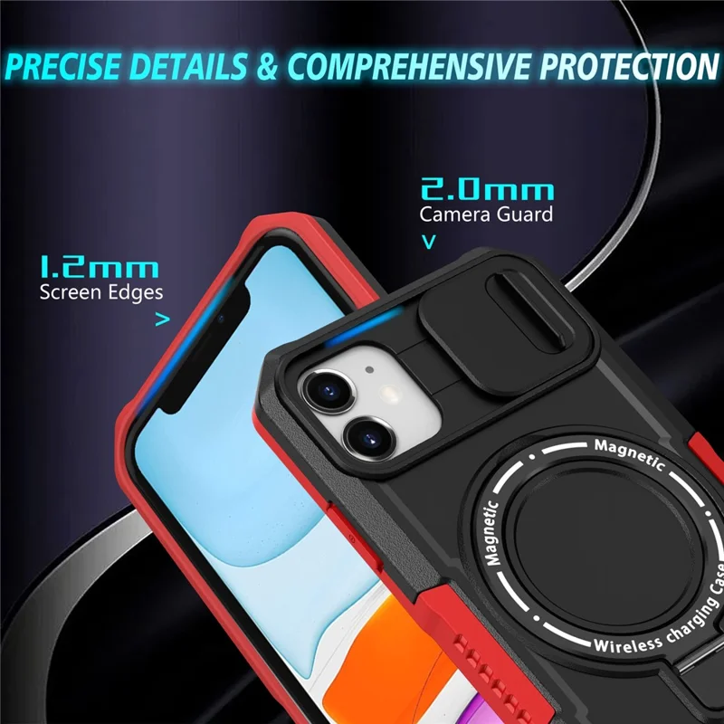 For iPhone 11 Case Usynlig Magnetisk Stand PC+TPU Telefonbeskyttelse med Indbygget Skydelinse - Rød/Sort