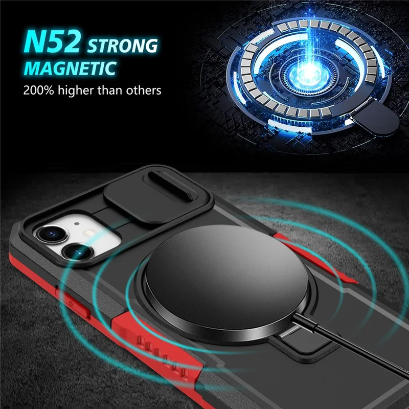 For iPhone 11 Case Usynlig Magnetisk Stand PC+TPU Telefonbeskyttelse med Indbygget Skydelinse - Rød/Sort