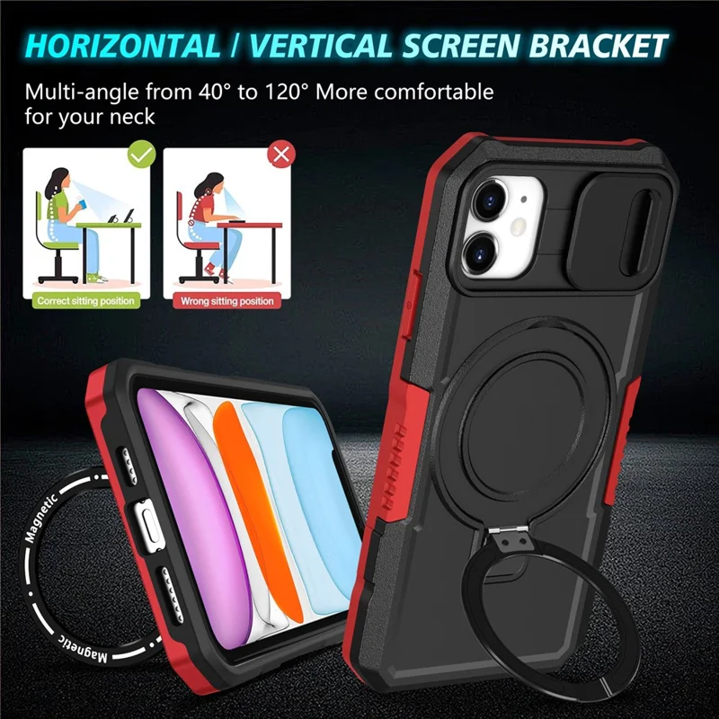 For iPhone 11 Case Usynlig Magnetisk Stand PC+TPU Telefonbeskyttelse med Indbygget Skydelinse - Rød/Sort