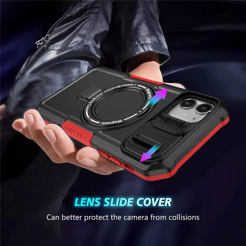 For iPhone 11 Case Usynlig Magnetisk Stand PC+TPU Telefonbeskyttelse med Indbygget Skydelinse - Rød/Sort