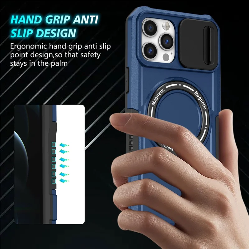For iPhone 12 / 12 Pro Magnetic Case Slide Lens Lid Kickstand PC+TPU Phone Cover - Sapphire