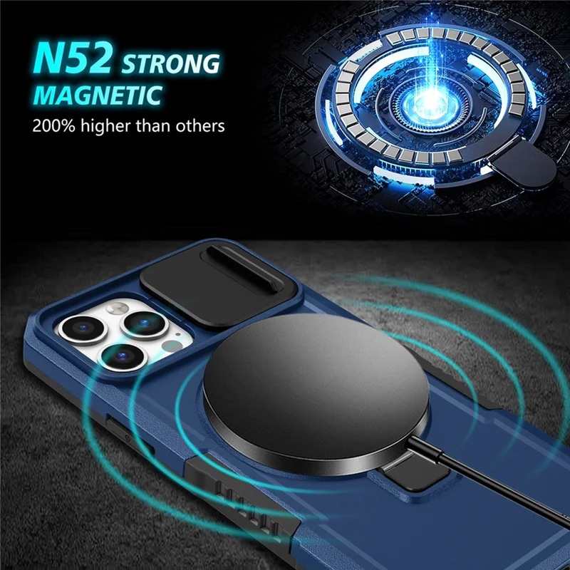 For iPhone 12 / 12 Pro Magnetic Case Slide Lens Lid Kickstand PC+TPU Phone Cover - Sapphire