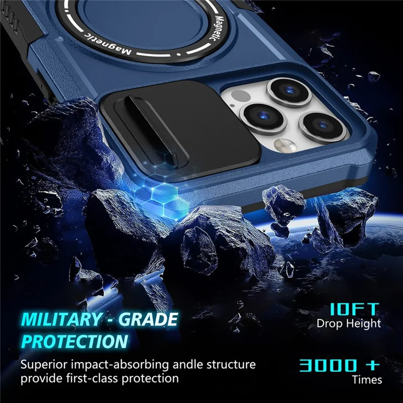 For iPhone 12 / 12 Pro Magnetic Case Slide Lens Lid Kickstand PC+TPU Phone Cover - Sapphire