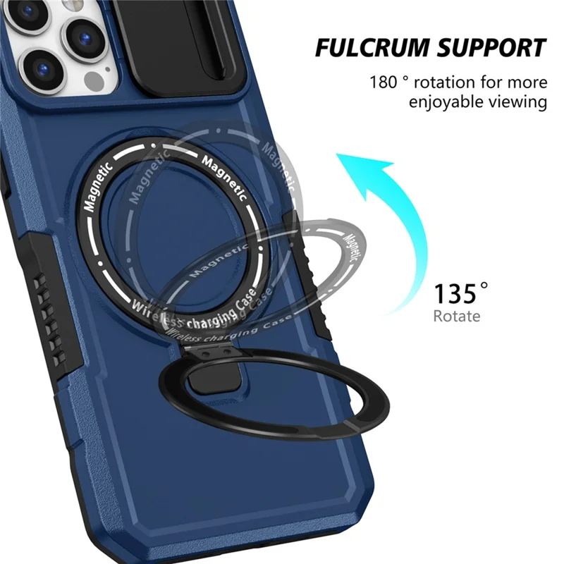 For iPhone 12 / 12 Pro Magnetic Case Slide Lens Lid Kickstand PC+TPU Phone Cover - Sapphire