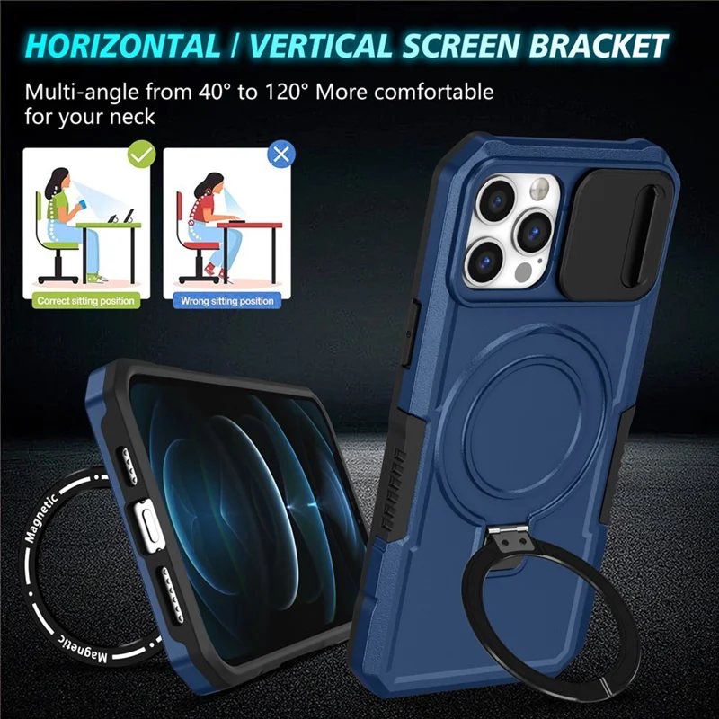 For iPhone 12 / 12 Pro Magnetic Case Slide Lens Lid Kickstand PC+TPU Phone Cover - Sapphire