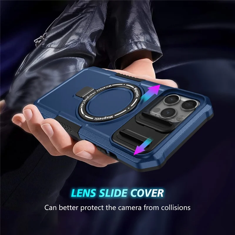 For iPhone 12 / 12 Pro Magnetic Case Slide Lens Lid Kickstand PC+TPU Phone Cover - Sapphire
