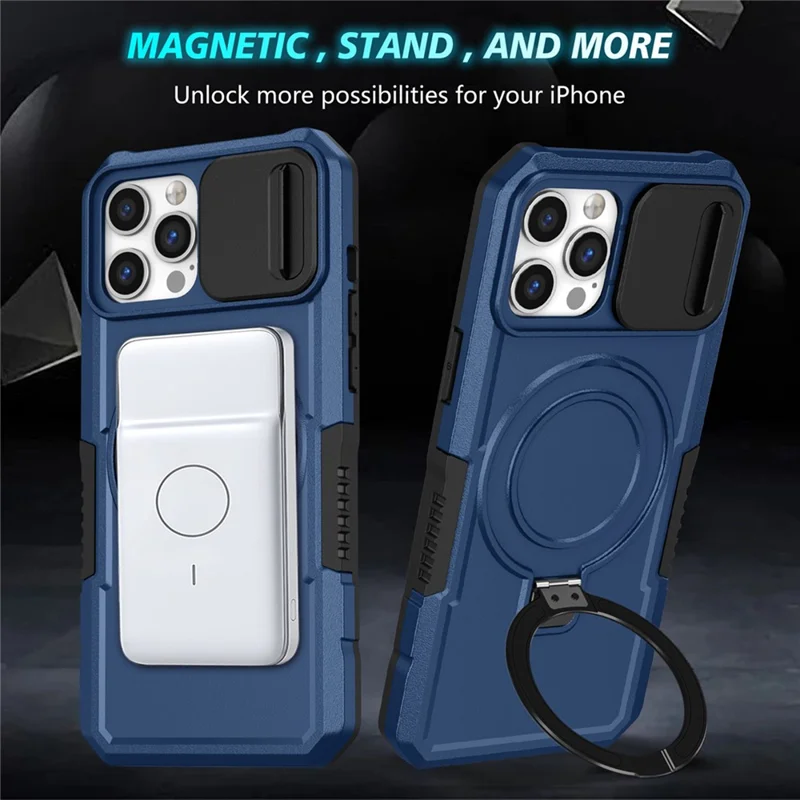 For iPhone 12 / 12 Pro Magnetic Case Slide Lens Lid Kickstand PC+TPU Phone Cover - Sapphire
