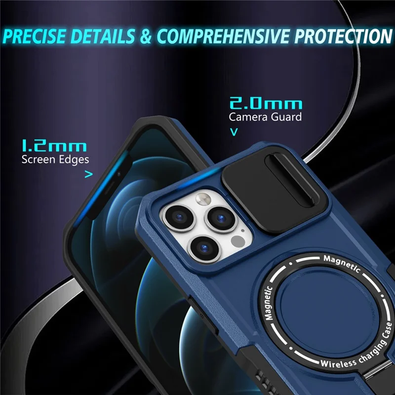 For iPhone 12 Pro Max 6.7 inch Magnetic Phone Case PC+TPU Cover with Slide Camera Lid - Sapphire